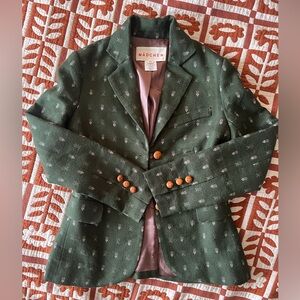 Anthropologie Mädchen Forest Green Patterned Wool Blazer with Wood Buttons